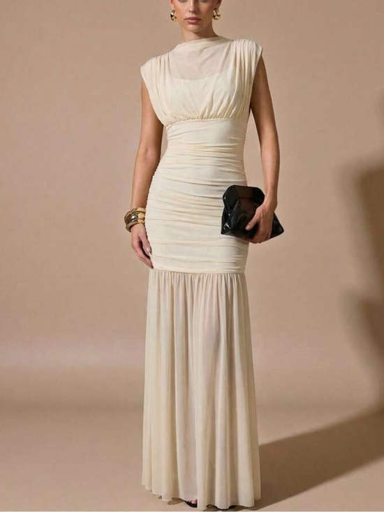 Dresses & Skirts - Elegant Apricot Sleeveless Ruched Maxi Dress